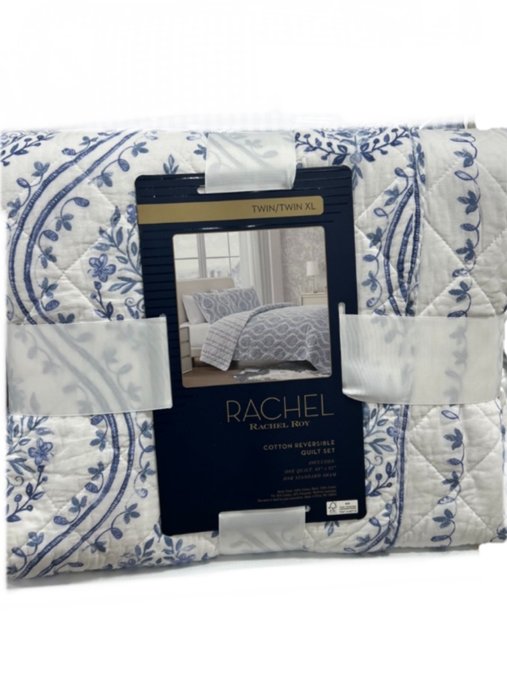 Rachel Roy Blue & White Floral Reversible Twin/Twin XL Cotton Quilt Set 68”x92”